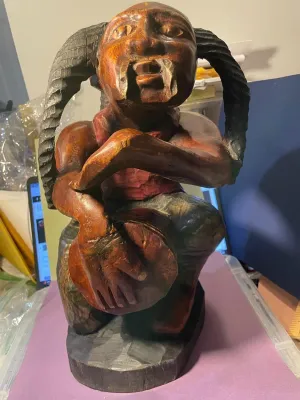 Sale Photo Thumbnail #118: Vintage Jamaican Rastafarian Figure 15" Tall Hand Carved Wooden Man Art Statue Playing a Bongo Drum in VG Preowned Condition. $20 Domestic Shipping.