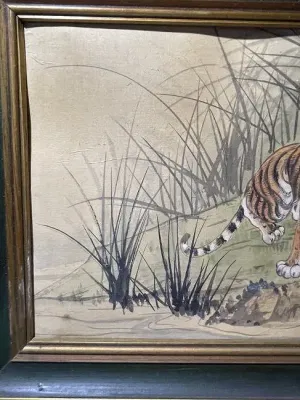 Sale Photo Thumbnail #127: Vintage Asian Tiger Watercolor on a Silk Coated Painting Frame Size 11" x 13.25" Preowned from an Estate. $15 DOMESTIC INHOUSE SHIPPING.