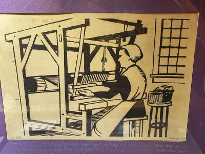 Sale Photo Thumbnail #131: "Weaver" Signed by Constantine Kermes 1960 Woodblock Art Print 11x14" Framed as Pictured. $15 Domestic Shipping.