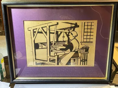 Sale Photo Thumbnail #130: "Weaver" Signed by Constantine Kermes 1960 Woodblock Art Print 11x14" Framed as Pictured. $15 Domestic Shipping.