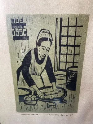 Sale Photo Thumbnail #135: "Dumpling Maker" Signed by Constantine Kermes 1965 Woodblock Art Print 11x14" Framed as Pictured. $15 Domestic Shipping.