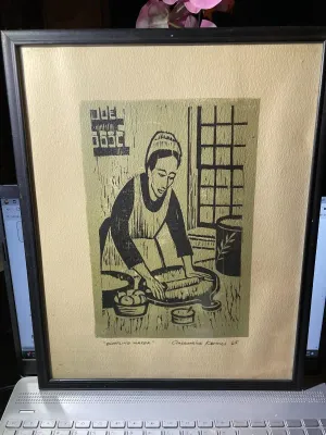 Sale Photo Thumbnail #134: "Dumpling Maker" Signed by Constantine Kermes 1965 Woodblock Art Print 11x14" Framed as Pictured. $15 Domestic Shipping.