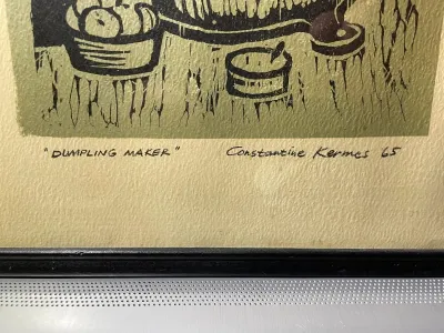 Sale Photo Thumbnail #136: "Dumpling Maker" Signed by Constantine Kermes 1965 Woodblock Art Print 11x14" Framed as Pictured. $15 Domestic Shipping.