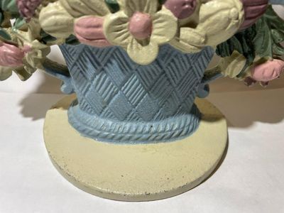 Sale Photo Thumbnail #140: Vintage Cast Iron Flower Basket Painted Doorstop 7.5" Tall in Good Preowned Condition as Pictured. $10 Domestic Shipping.