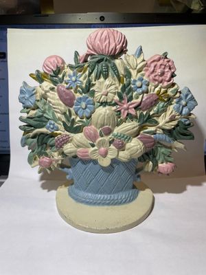 Sale Photo Thumbnail #138: Vintage Cast Iron Flower Basket Painted Doorstop 7.5" Tall in Good Preowned Condition as Pictured. $10 Domestic Shipping.