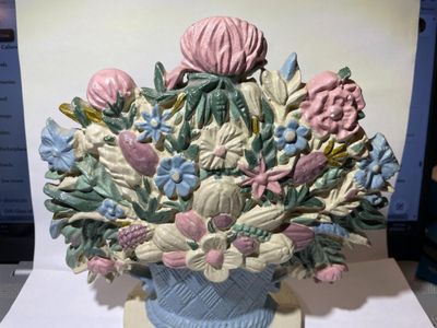 Sale Photo Thumbnail #139: Vintage Cast Iron Flower Basket Painted Doorstop 7.5" Tall in Good Preowned Condition as Pictured. $10 Domestic Shipping.