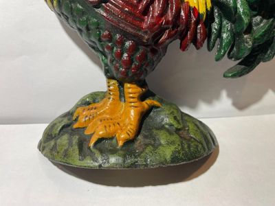 Sale Photo Thumbnail #144: Vintage Cast Iron Rooster Painted Doorstop 8" Tall in Good Preowned Condition as Pictured. $10 Domestic Shipping.