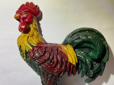 Sale Photo Thumbnail #143: Vintage Cast Iron Rooster Painted Doorstop 8" Tall in Good Preowned Condition as Pictured. $10 Domestic Shipping.
