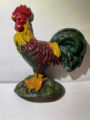 Sale Photo Thumbnail #142: Vintage Cast Iron Rooster Painted Doorstop 8" Tall in Good Preowned Condition as Pictured. $10 Domestic Shipping.