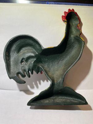 Sale Photo Thumbnail #145: Vintage Cast Iron Rooster Painted Doorstop 8" Tall in Good Preowned Condition as Pictured. $10 Domestic Shipping.