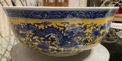Sale Photo Thumbnail #295: Very Heavy Kangxi Mark Dragon Bowl 15.25" Diameter in VG Preowned Condition with NO Damages from an Estate as Pictured. Very Heavy Bowl. $20 DOMESTIC INHOUSE SHIPPING.