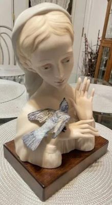 Sale Photo Thumbnail #310: Vintage Cybis Porcelain "Madonna with Bird" 1956/57 on a Base - 11" Tall in VG Preowned Condition. $20 Domestic Inhouse Shipping.