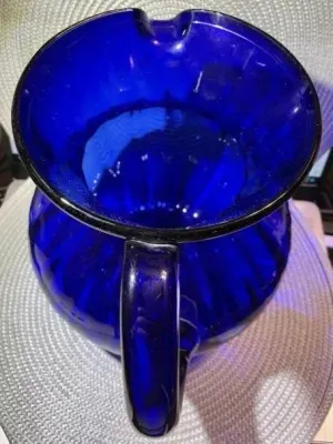 Sale Photo Thumbnail #345: Vintage Large Hand-Blown Cobalt Blue Swirl Art Glass Pitcher 9" Tall Gallon Size in VG Preowned Condition. $15 Domestic Shipping.