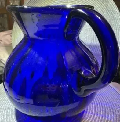 Sale Photo Thumbnail #347: Vintage Large Hand-Blown Cobalt Blue Swirl Art Glass Pitcher 9" Tall Gallon Size in VG Preowned Condition. $15 Domestic Shipping.
