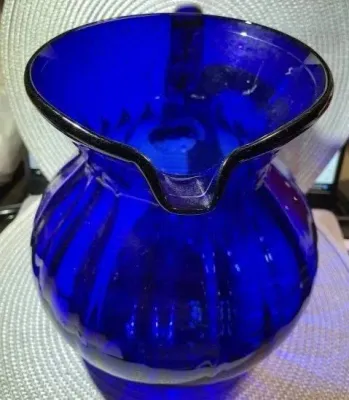 Sale Photo Thumbnail #342: Vintage Large Hand-Blown Cobalt Blue Swirl Art Glass Pitcher 9" Tall Gallon Size in VG Preowned Condition. $15 Domestic Shipping.