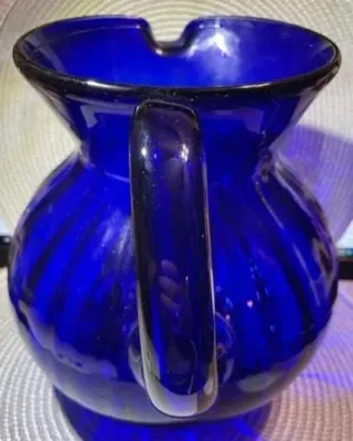 Sale Photo Thumbnail #344: Vintage Large Hand-Blown Cobalt Blue Swirl Art Glass Pitcher 9" Tall Gallon Size in VG Preowned Condition. $15 Domestic Shipping.