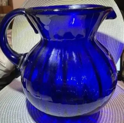 Sale Photo Thumbnail #340: Vintage Large Hand-Blown Cobalt Blue Swirl Art Glass Pitcher 9" Tall Gallon Size in VG Preowned Condition. $15 Domestic Shipping.