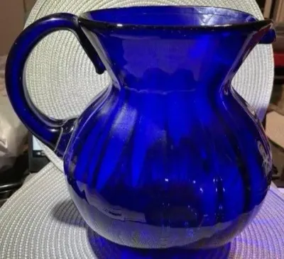 Sale Photo Thumbnail #341: Vintage Large Hand-Blown Cobalt Blue Swirl Art Glass Pitcher 9" Tall Gallon Size in VG Preowned Condition. $15 Domestic Shipping.