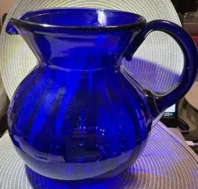 Sale Photo Thumbnail #343: Vintage Large Hand-Blown Cobalt Blue Swirl Art Glass Pitcher 9" Tall Gallon Size in VG Preowned Condition. $15 Domestic Shipping.