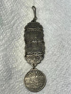 Sale Photo Thumbnail #354: ANTIQUE 1607/1907 JAMESTOWN Ter-Centennial Exposition Silver Watch Fob in Good Preowned Condition. $5 DOMESTIC SHIPPING.