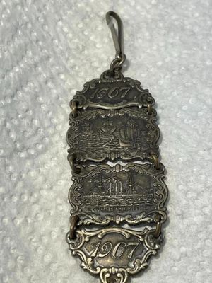 Sale Photo Thumbnail #355: ANTIQUE 1607/1907 JAMESTOWN Ter-Centennial Exposition Silver Watch Fob in Good Preowned Condition. $5 DOMESTIC SHIPPING.