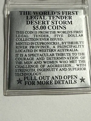 Sale Photo Thumbnail #363: 1991 HUTT RIVER PROVINCE $5 DESERT STORM CHOICE BU COPPER/NICKEL COIN AS PICTURED. $5 DOMESTIC SHIPPING.