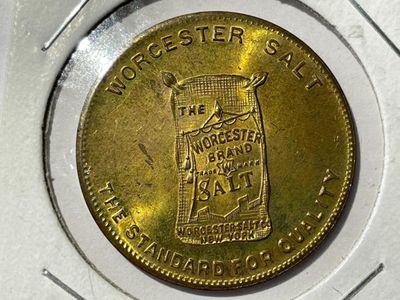 Sale Photo Thumbnail #365: Worcester Salt~1920s Membership Don't Worry Club Swastika Advertising Token/Coin in Uncirculated Condition. $5 Domestic Shipping.