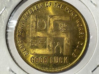 Sale Photo Thumbnail #366: Worcester Salt~1920s Membership Don't Worry Club Swastika Advertising Token/Coin in Uncirculated Condition. $5 Domestic Shipping.