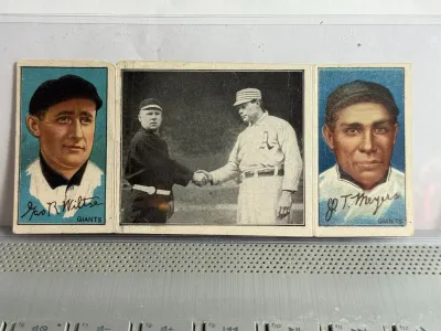 Sale Photo Thumbnail #393: Original/Genuine Scarce 1912 Hassan Triple Folder (T202) Wiltse/Meyers (Just Before the Battle) Baseball Card before Topps as Pictured. $5 DOMESTIC SHIPPING.