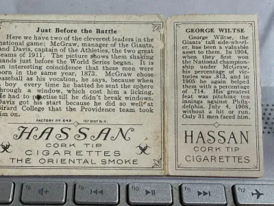 Sale Photo Thumbnail #398: Original/Genuine Scarce 1912 Hassan Triple Folder (T202) Wiltse/Meyers (Just Before the Battle) Baseball Card before Topps as Pictured. $5 DOMESTIC SHIPPING.