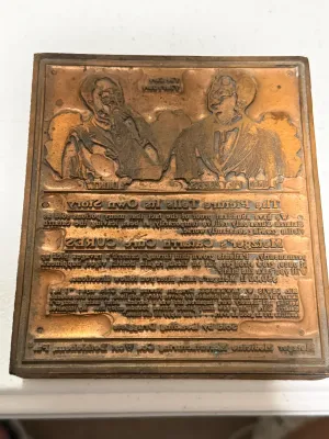 Sale Photo Thumbnail #399: Antique 1896 Copper Printing Block 4.25"x5" "The Picture Tells Its Own Story" Metzger's Catarrh Cure Advertisement as Pictured. $7 DOMESTIC SHIPPING.