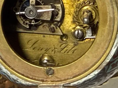 Sale Photo Thumbnail #411: French 3pc Garniture Champleve Very Heavy Covered Ornate Bowls Set and Clock by Le Roy & Fils of Paris in Remarkable Condition. (Needs front Crystal & Clock Repair). $20 DOMESTIC SHIPPING.