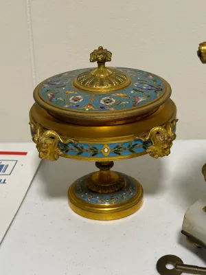 Sale Photo Thumbnail #405: French 3pc Garniture Champleve Very Heavy Covered Ornate Bowls Set and Clock by Le Roy & Fils of Paris in Remarkable Condition. (Needs front Crystal & Clock Repair). $20 DOMESTIC SHIPPING.