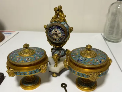 Sale Photo Thumbnail #402: French 3pc Garniture Champleve Very Heavy Covered Ornate Bowls Set and Clock by Le Roy & Fils of Paris in Remarkable Condition. (Needs front Crystal & Clock Repair). $20 DOMESTIC SHIPPING.