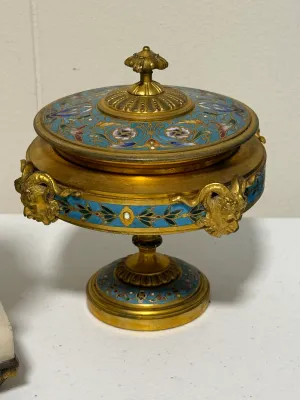 Sale Photo Thumbnail #404: French 3pc Garniture Champleve Very Heavy Covered Ornate Bowls Set and Clock by Le Roy & Fils of Paris in Remarkable Condition. (Needs front Crystal & Clock Repair). $20 DOMESTIC SHIPPING.