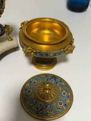 Sale Photo Thumbnail #415: French 3pc Garniture Champleve Very Heavy Covered Ornate Bowls Set and Clock by Le Roy & Fils of Paris in Remarkable Condition. (Needs front Crystal & Clock Repair). $20 DOMESTIC SHIPPING.