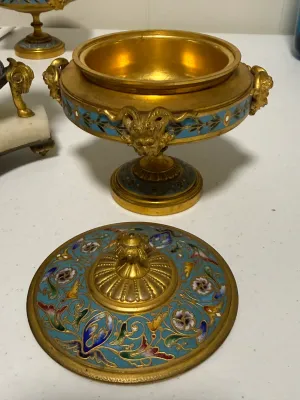 Sale Photo Thumbnail #414: French 3pc Garniture Champleve Very Heavy Covered Ornate Bowls Set and Clock by Le Roy & Fils of Paris in Remarkable Condition. (Needs front Crystal & Clock Repair). $20 DOMESTIC SHIPPING.