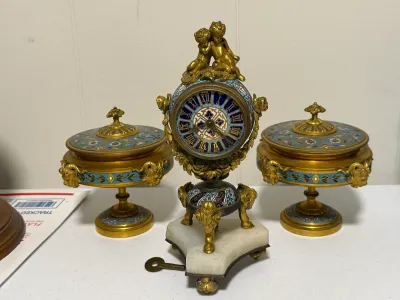 Sale Photo Thumbnail #403: French 3pc Garniture Champleve Very Heavy Covered Ornate Bowls Set and Clock by Le Roy & Fils of Paris in Remarkable Condition. (Needs front Crystal & Clock Repair). $20 DOMESTIC SHIPPING.