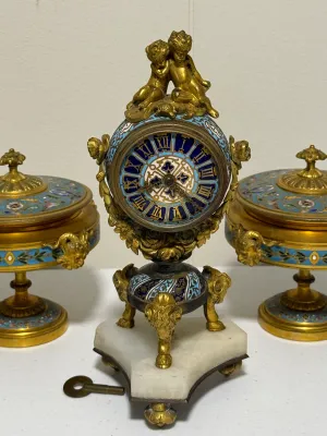 Sale Photo Thumbnail #406: French 3pc Garniture Champleve Very Heavy Covered Ornate Bowls Set and Clock by Le Roy & Fils of Paris in Remarkable Condition. (Needs front Crystal & Clock Repair). $20 DOMESTIC SHIPPING.