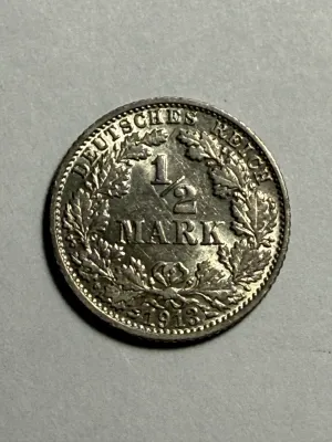 Sale Photo Thumbnail #430: GERMANY 1913-F CHOICE AU CONDITION SILVER 1/2 MARK COIN AS PICTURED. $5 DOMESTIC SHIPPING.