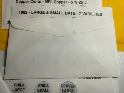 Sale Photo Thumbnail #436: (5)-1982 Large & Small Date Lincoln Memorial Cents - 7 Varieties Copper and Zinc. SEALED ENVELOPES as Pictured. $5 DOMESTIC SHIPPING.