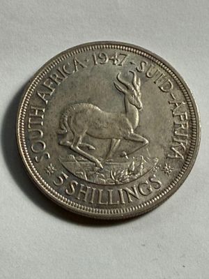 Sale Photo Thumbnail #437: 1947 South Africa George VI 5 Shilling Silver Coin Uncirculated Lightly Toned as Pictured #3. $5 DOMESTIC SHIPPING.