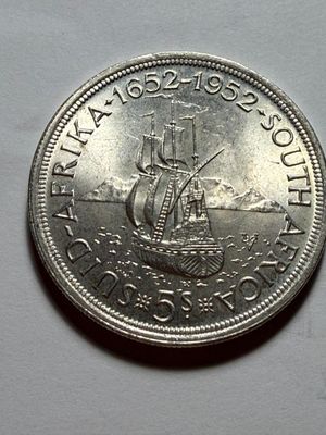 Sale Photo Thumbnail #440: 1952 South Africa George VI 300 Anniversary Cape Town 5 Shilling Silver Coin Unc as Pictured #283. $5 DOMESTIC SHIPPING.