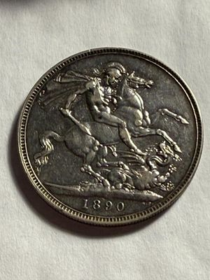 Sale Photo Thumbnail #448: GREAT BRITAIN 1890 SILVER CROWN COIN EF CONDITION/CLEANED AS PICTURED. $5 DOMESTIC SHIPPING.