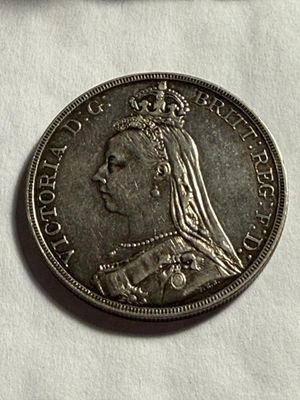 Sale Photo Thumbnail #447: GREAT BRITAIN 1890 SILVER CROWN COIN EF CONDITION/CLEANED AS PICTURED. $5 DOMESTIC SHIPPING.