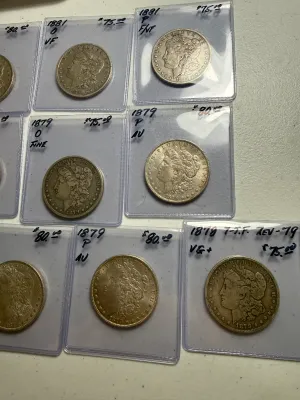 Sale Photo Thumbnail #451: 10 NICE CIRCULATED CONDITION EARLY DATE MORGAN SILVER DOLLARS RECEIVE ALL AS PICTURED LOT-67F. $5 DOMESTIC SHIPPING.