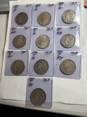 Sale Photo Thumbnail #452: 10 NICE CIRCULATED CONDITION EARLY DATE MORGAN SILVER DOLLARS RECEIVE ALL AS PICTURED. $5 DOMESTIC SHIPPING.