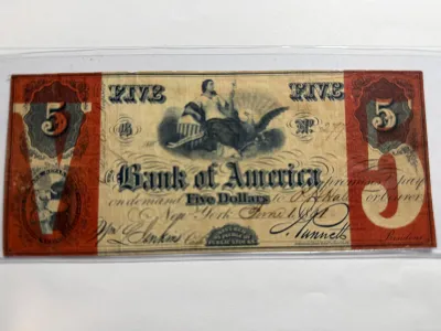 Sale Photo Thumbnail #455: SCARCE CONTEMPORARY COUNTERFEIT "BANK OF AMERICA" DATED JUNE 1, 1861 CIVIL WAR ERA OBSOLETE $5 CURRENCY ARE KNOWN AND HIGHLY COLLECTIBLE. $5 DOMESTIC SHIPPING.
