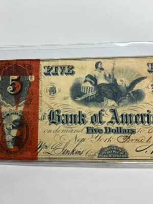 Sale Photo Thumbnail #456: SCARCE CONTEMPORARY COUNTERFEIT "BANK OF AMERICA" DATED JUNE 1, 1861 CIVIL WAR ERA OBSOLETE $5 CURRENCY ARE KNOWN AND HIGHLY COLLECTIBLE. $5 DOMESTIC SHIPPING.