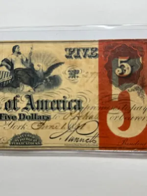 Sale Photo Thumbnail #457: SCARCE CONTEMPORARY COUNTERFEIT "BANK OF AMERICA" DATED JUNE 1, 1861 CIVIL WAR ERA OBSOLETE $5 CURRENCY ARE KNOWN AND HIGHLY COLLECTIBLE. $5 DOMESTIC SHIPPING.